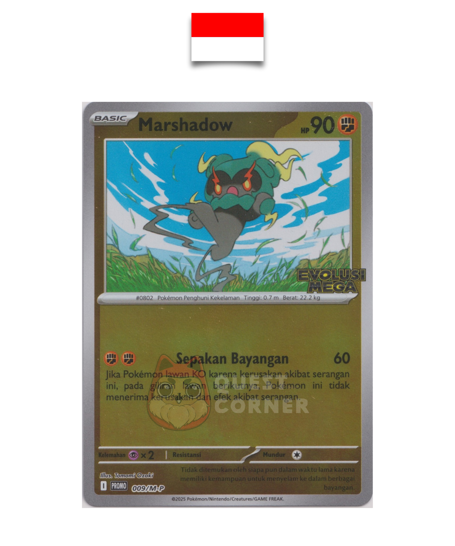 Carte Pokémon – Marshadow 009/M-P – Reverse Holo – Promo Stamp – Evolusi Mega – Indonésien - Quest Corner