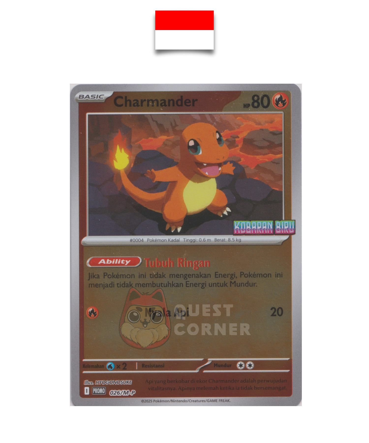 Carte Pokémon – Salamèche 026/M-P – Reverse Holo – Promo Stamp – Kobaran Biru – Indonésien - Quest Corner